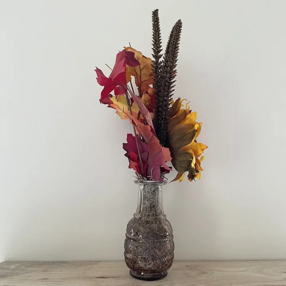 Handmade Artificial Sunflower & Fall Leaves Arrangement in Amber Glass Vase